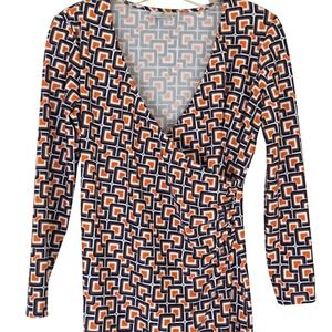 Geometric Print Long Sleeve Faux Wrap Dress Career Casual